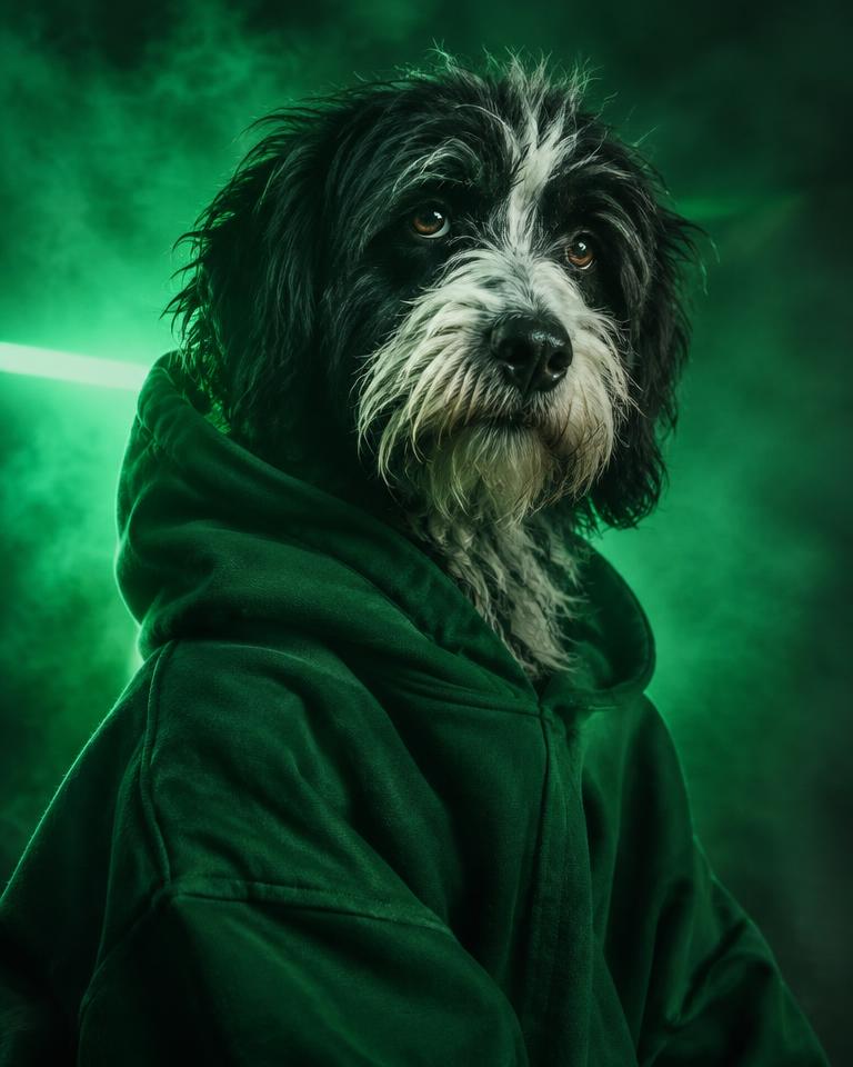 Sample art: a shaggy dog as Billie Eyelash