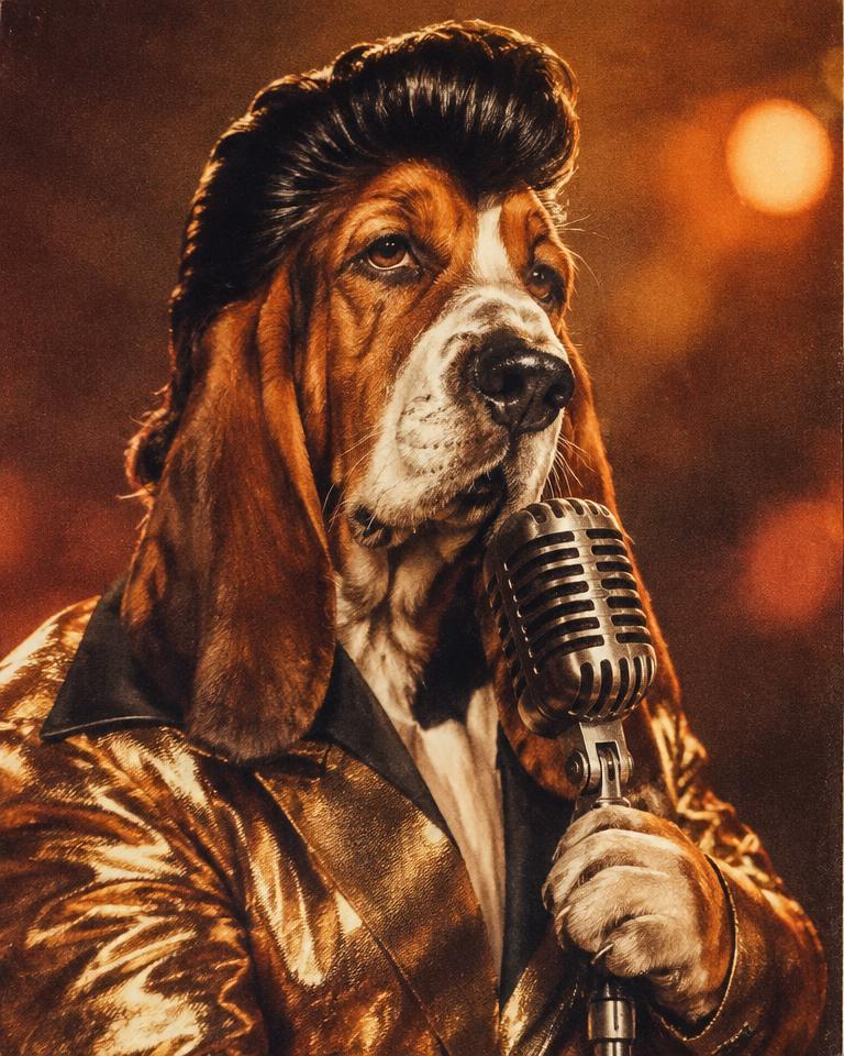 Demo artwork: basset hound as a 1950s rock king